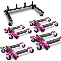 Zestaw 4 hydraulicznych wózków manewrowych BITUXX - udźwig do 680 kg na wózek + stojak transportowy MAGENTA w zestawie