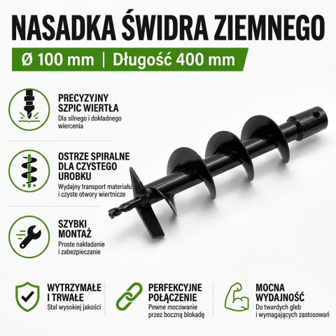 Nasadka świdra ziemnego do sadzenia / urządzenia wiertniczego 100x400 mm ślimakowy