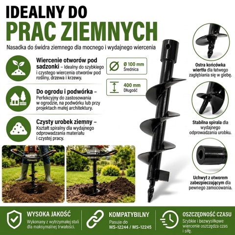 Nasadka świdra ziemnego do sadzenia / urządzenia wiertniczego 100x400 mm ślimakowy