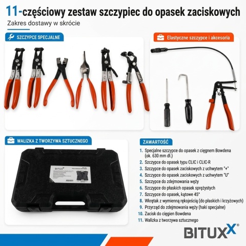Szczypce do opasek zaciskowych obejm do węży 11 elementów
