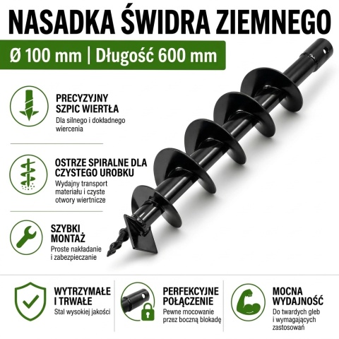 Świder do gleby / wiertło glebowe 100x600 mm