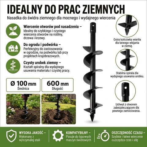 Świder do gleby / wiertło glebowe 100x600 mm