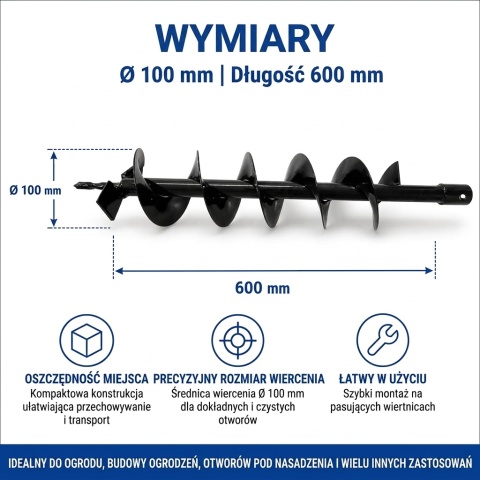 Świder do gleby / wiertło glebowe 100x600 mm